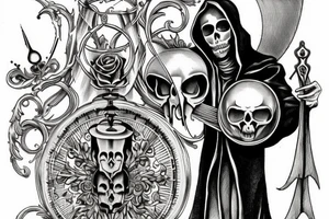Grim Reaper holding an hourglass with a skull in the bottom of it saying memento mori. tattoo idea