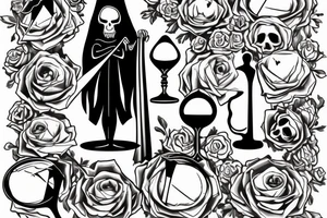 Grim Reaper holding an hourglass while standing next to an empty grave tattoo idea