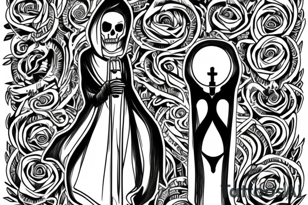 Grim Reaper holding an hourglass while standing next to an empty grave tattoo idea