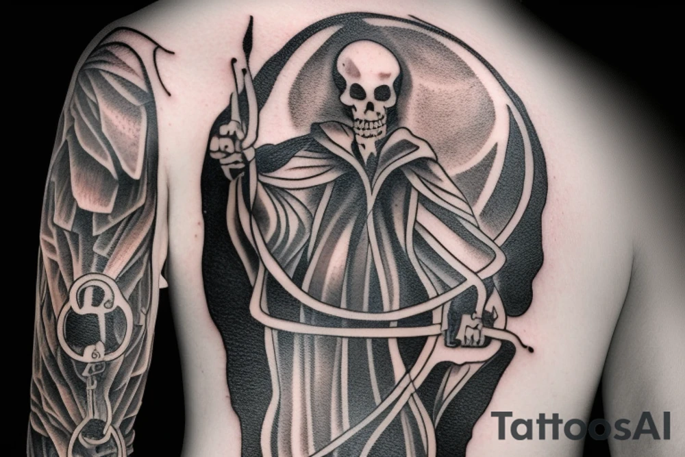 Grim Reaper holding an hourglass while standing next to an empty grave tattoo idea Grim Reaper holding an hourglass while standing next to an empty grave tattoo idea