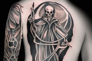 Grim Reaper holding an hourglass while standing next to an empty grave tattoo idea