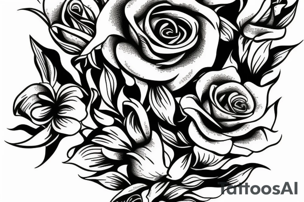 Large floral design of roses, lilies, sunflowers and daises with black leopard spots throughout tattoo idea