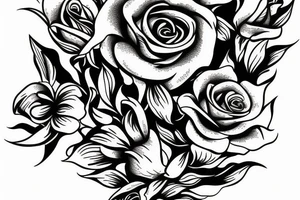 Large floral design of roses, lilies, sunflowers and daises with black leopard spots throughout tattoo idea