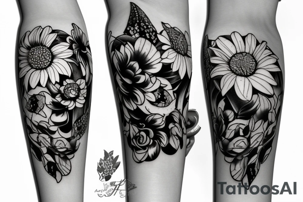 Large floral design of roses, lilies, sunflowers and daises with black leopard print 
throughout tattoo idea