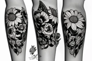 Large floral design of roses, lilies, sunflowers and daises with black leopard print 
throughout tattoo idea