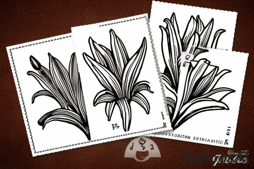 Ornate postage stamp with lillies inside tattoo idea