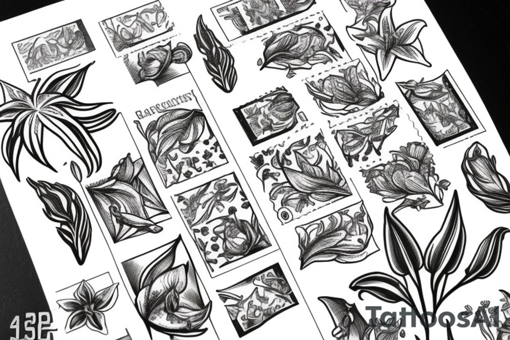 Ornate postage stamp with lillies inside tattoo idea