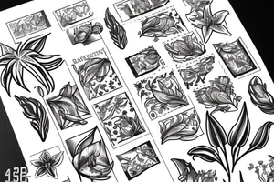 Ornate postage stamp with lillies inside tattoo idea