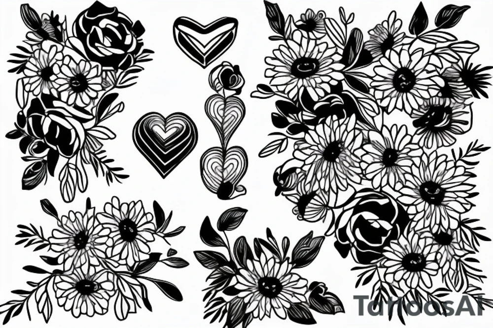 Minimalist drawing of a black line connecting a heart to bouquet of flowers tattoo idea