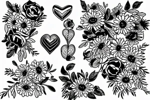 Minimalist drawing of a black line connecting a heart to bouquet of flowers tattoo idea