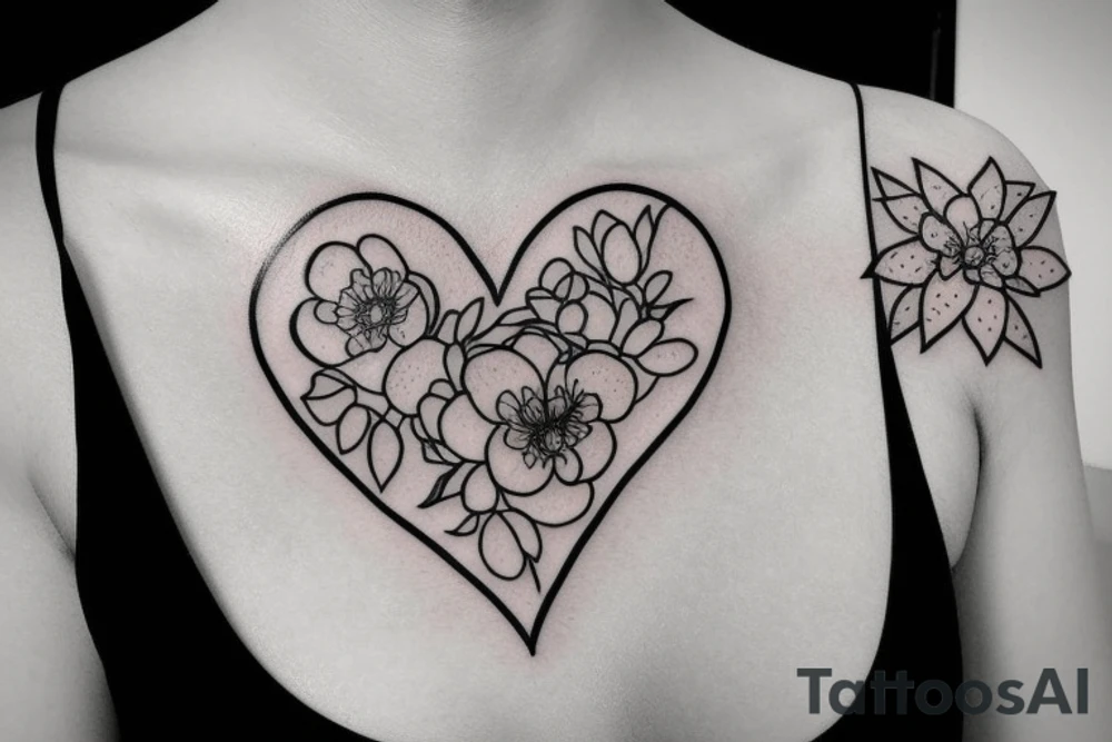 Minimalist drawing of a black line connecting a heart to bouquet of flowers tattoo idea