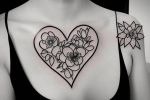 Minimalist drawing of a black line connecting a heart to bouquet of flowers tattoo idea