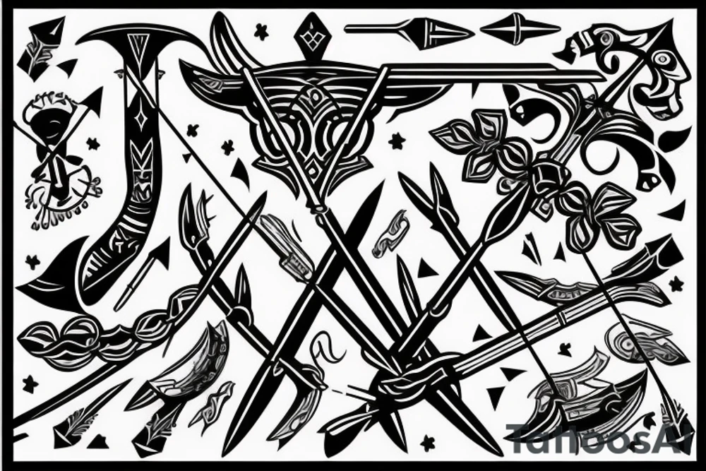 artistic designed tattoo incorporating 
 bow and arrow hunter tattoo idea