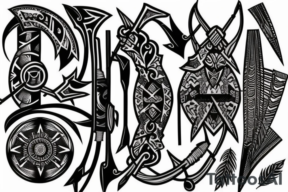 artistic designed tattoo incorporating 
 bow and arrow hunter tattoo idea