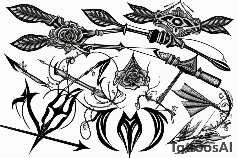artistic designed tattoo incorporating
bow and arrow hunter tattoo idea