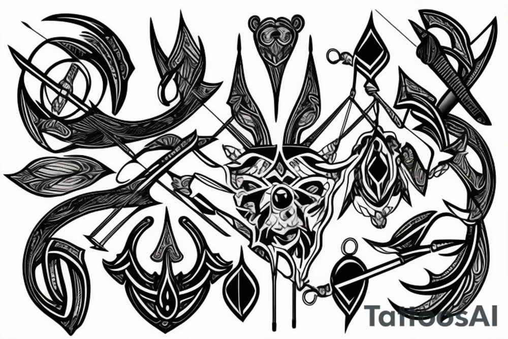 artistic designed tattoo incorporating
bow and arrow hunter tattoo idea