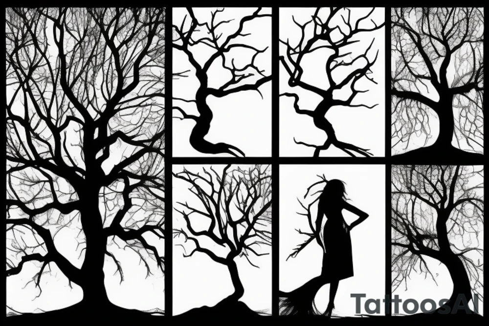 woman silhouette as tree trunk with branches above and roots below tattoo idea