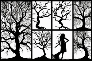 woman silhouette as tree trunk with branches above and roots below tattoo idea