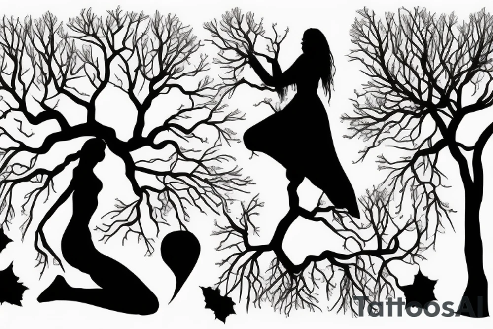 woman silhouette as tree trunk with branches above and roots below tattoo idea