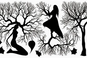woman silhouette as tree trunk with branches above and roots below tattoo idea