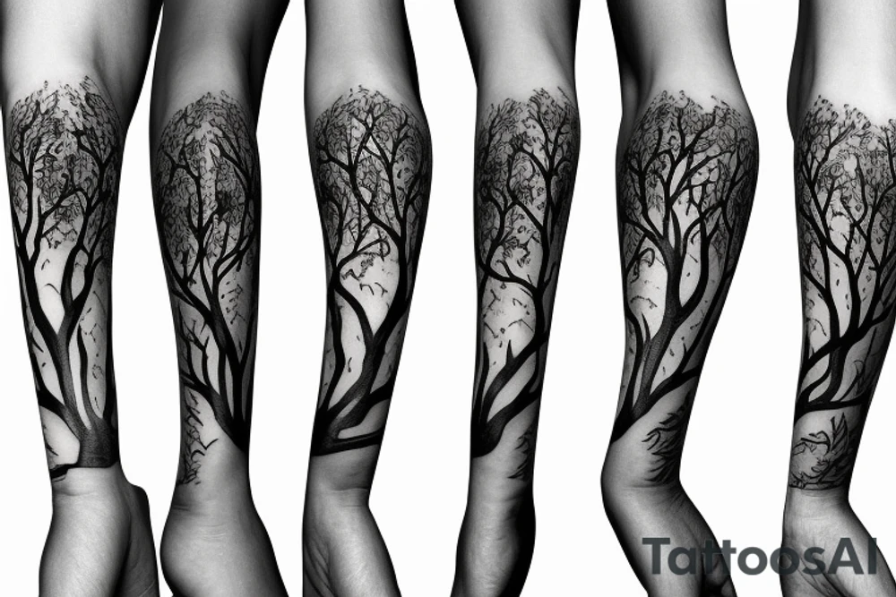 woman silhouette as tree trunk with branches above and roots below tattoo idea
