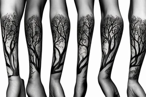 woman silhouette as tree trunk with branches above and roots below tattoo idea