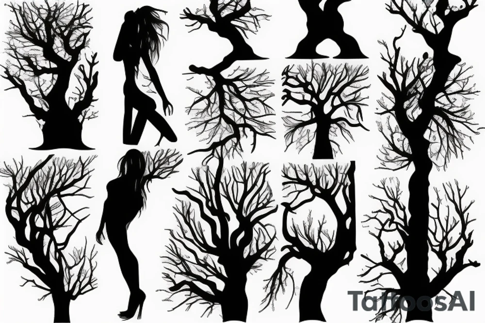 woman silhouette as tree trunk with branches above and roots below tattoo idea