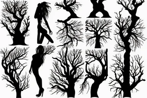 woman silhouette as tree trunk with branches above and roots below tattoo idea