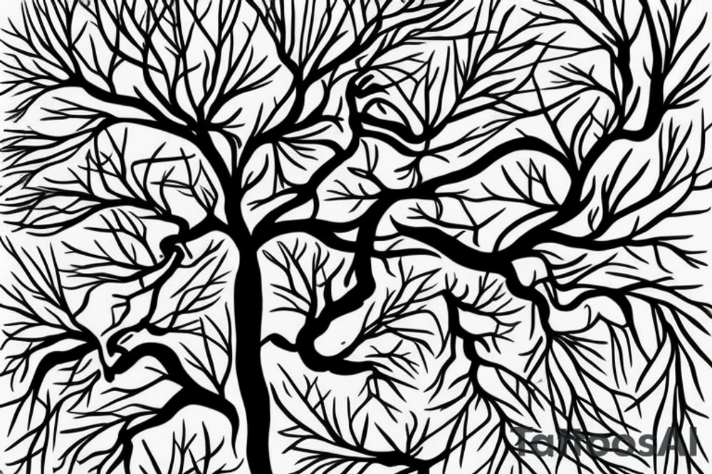 tree with branches above the ground are near symetrical to the roots below the ground. The trunk of the tree should be the silhouette of a beautiful womans body. tattoo idea