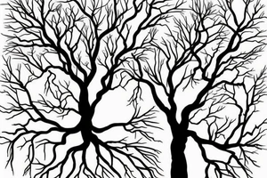 tree with branches above the ground are near symetrical to the roots below the ground. The trunk of the tree should be the silhouette of a beautiful womans body. tattoo idea