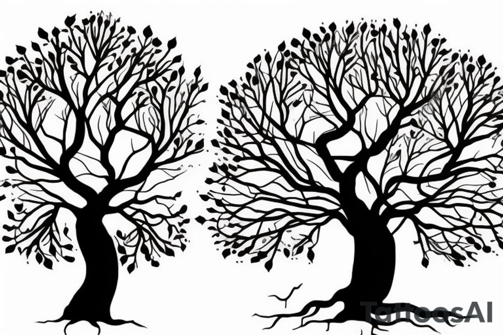 tree with branches above the ground are near symetrical to the roots below the ground. The trunk of the tree should be the silhouette of a beautiful womans body. tattoo idea