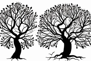 tree with branches above the ground are near symetrical to the roots below the ground. The trunk of the tree should be the silhouette of a beautiful womans body. tattoo idea