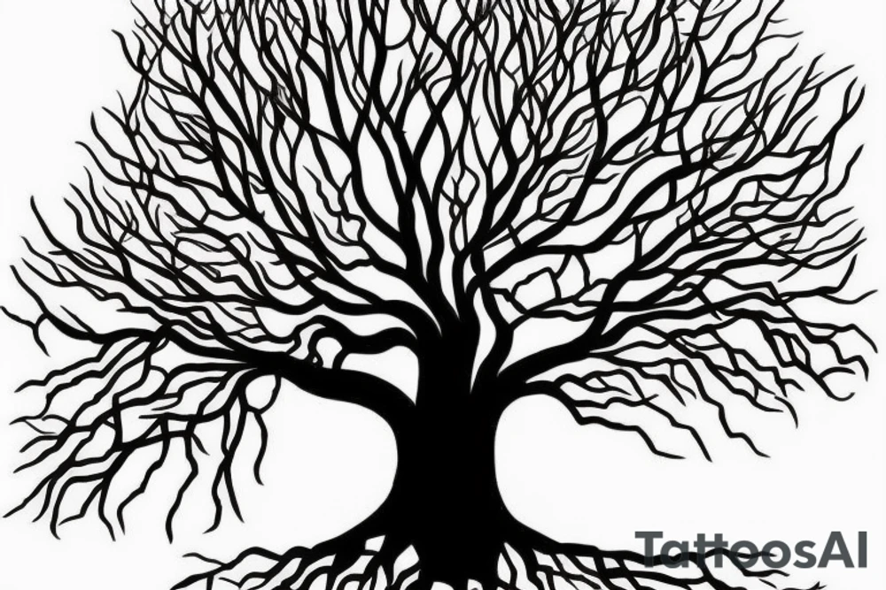 tree with branches above the ground are near symetrical to the roots below the ground. The trunk of the tree should be the silhouette of a beautiful womans body. tattoo idea