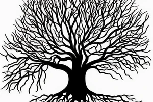 tree with branches above the ground are near symetrical to the roots below the ground. The trunk of the tree should be the silhouette of a beautiful womans body. tattoo idea
