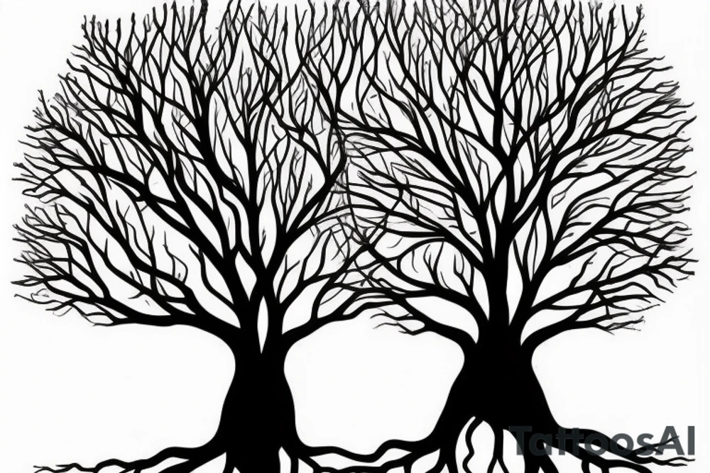 tree with branches above the ground are near symetrical to the roots below the ground. The trunk of the tree should be the silhouette of a beautiful womans body. tattoo idea