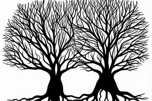 tree with branches above the ground are near symetrical to the roots below the ground. The trunk of the tree should be the silhouette of a beautiful womans body. tattoo idea