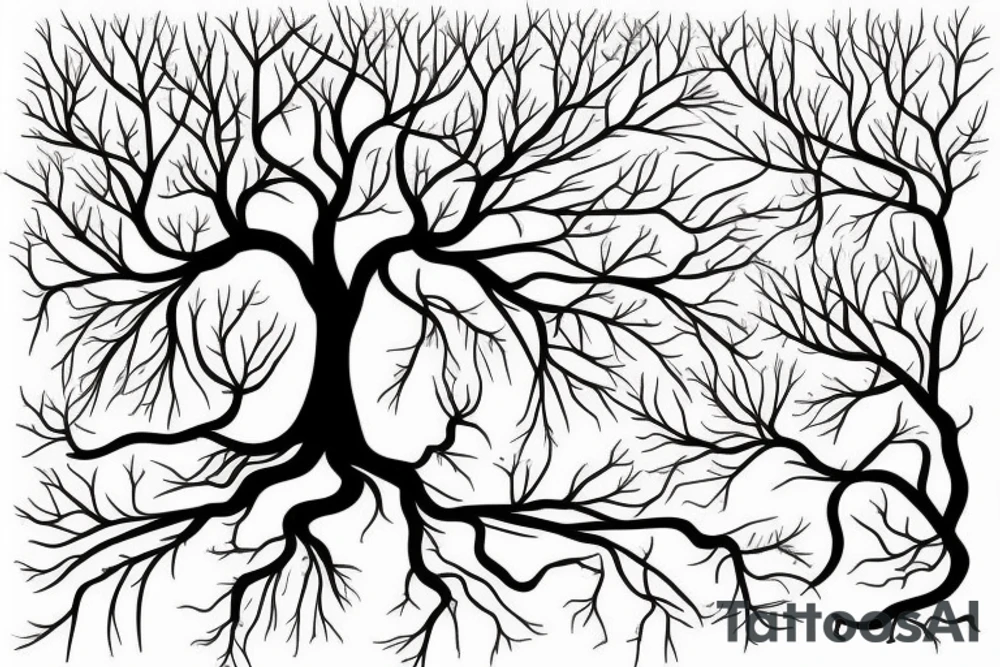 tree with branches above the ground are near symetrical to the roots below the ground. The trunk of the tree should be the silhouette of a beautiful womans body. tattoo idea