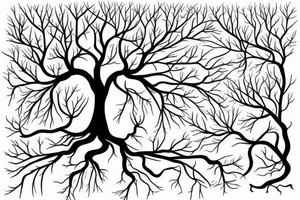 tree with branches above the ground are near symetrical to the roots below the ground. The trunk of the tree should be the silhouette of a beautiful womans body. tattoo idea