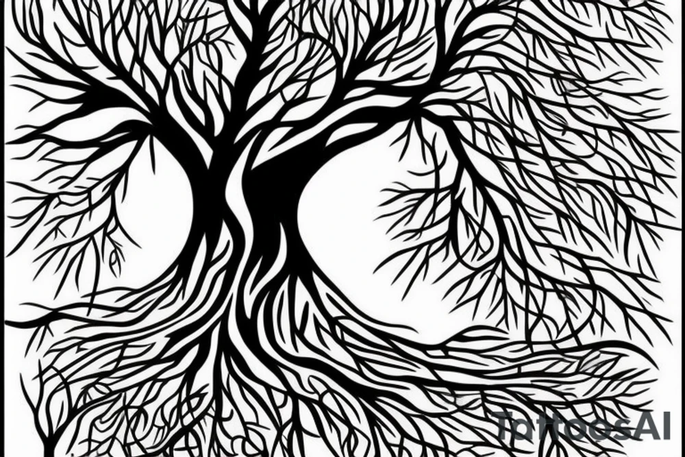 tree with branches above the ground are near symetrical to the roots below the ground. The trunk of the tree should be the silhouette of a beautiful womans body. tattoo idea