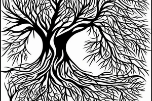 tree with branches above the ground are near symetrical to the roots below the ground. The trunk of the tree should be the silhouette of a beautiful womans body. tattoo idea