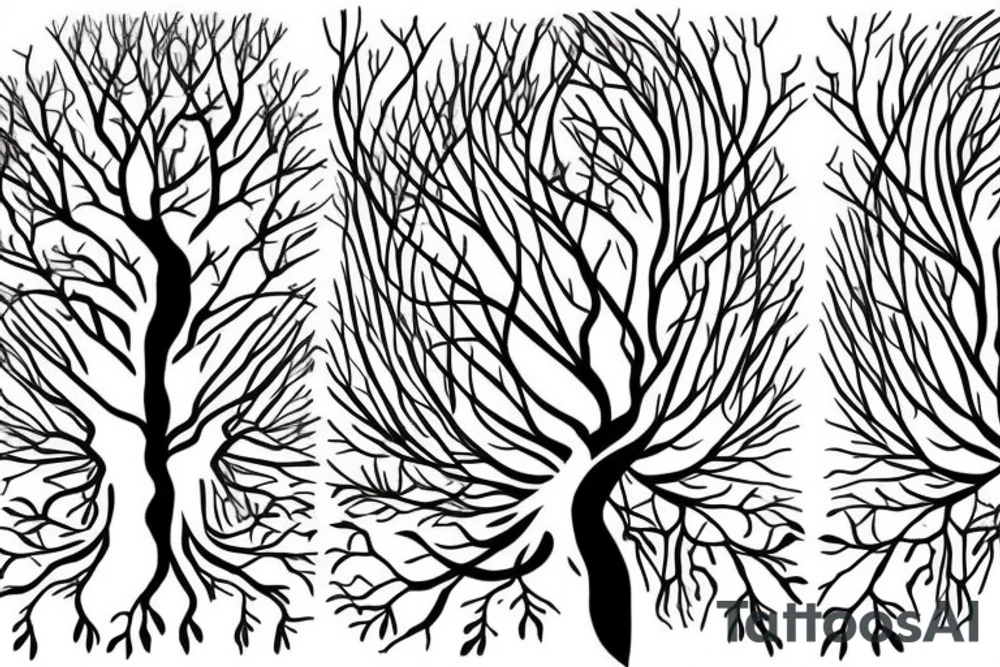 tree with branches above the ground are near symetrical to the roots below the ground. The trunk of the tree should be the silhouette of a beautiful womans body. tattoo idea
