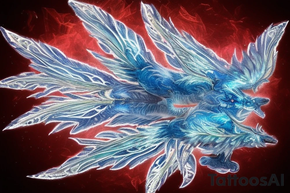 The Frostfire Drake is a majestic, mythical beast that embodies the contrasting elements of ice and fire. Its body is covered in shimmering, ice-blue scales that glisten in the light. Its wings are leathery and adorned with intricate frost patterns. Flames dance along the edges of its wings and mouth, creating an enchanting combination of cold and heat. The eyes of the Frostfire Drake radiate an otherworldly intelligence, and its tail ends in a fiery, spear-like tip. tattoo idea
