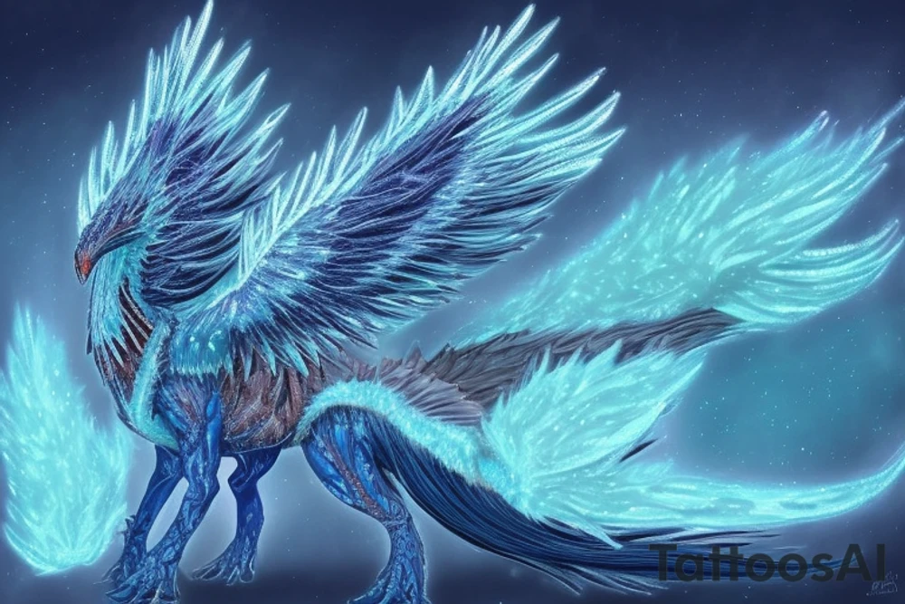 The Frostfire Drake is a majestic, mythical beast that embodies the contrasting elements of ice and fire. Its body is covered in shimmering, ice-blue scales that glisten in the light. Its wings are leathery and adorned with intricate frost patterns. Flames dance along the edges of its wings and mouth, creating an enchanting combination of cold and heat. The eyes of the Frostfire Drake radiate an otherworldly intelligence, and its tail ends in a fiery, spear-like tip. tattoo idea