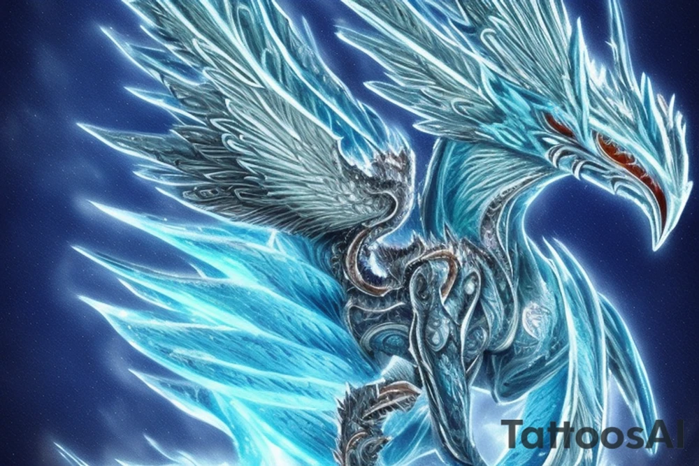 The Frostfire Drake is a majestic, mythical beast that embodies the contrasting elements of ice and fire. Its body is covered in shimmering, ice-blue scales that glisten in the light. Its wings are leathery and adorned with intricate frost patterns. Flames dance along the edges of its wings and mouth, creating an enchanting combination of cold and heat. The eyes of the Frostfire Drake radiate an otherworldly intelligence, and its tail ends in a fiery, spear-like tip. tattoo idea