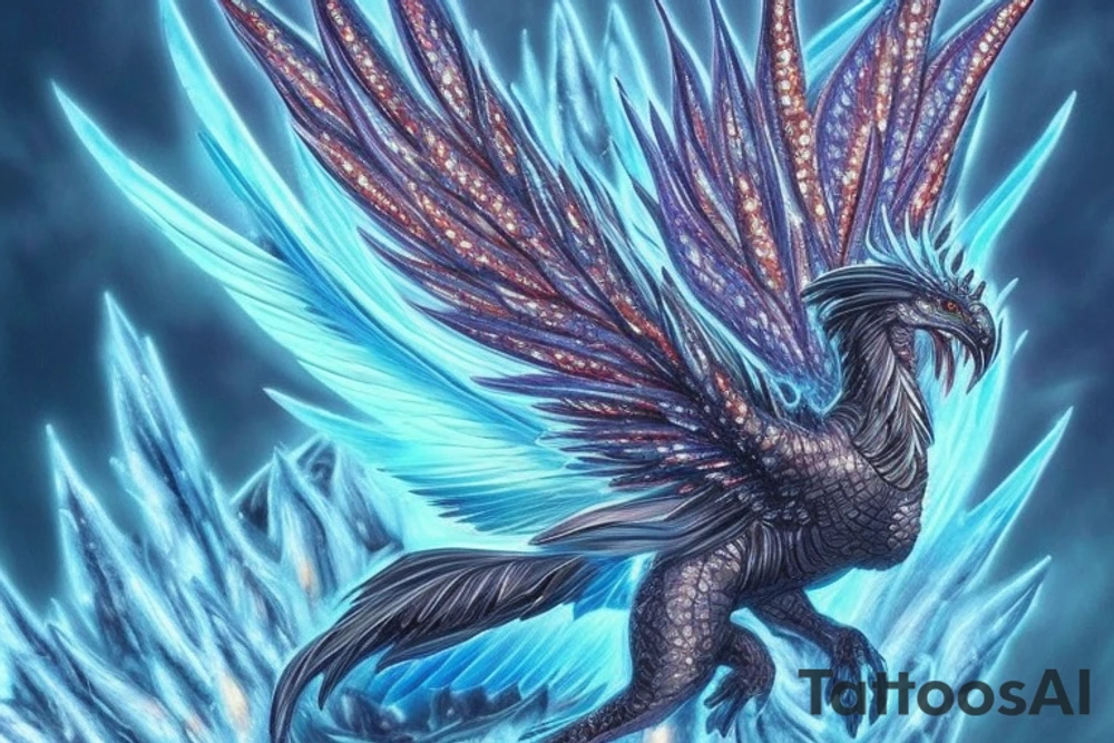 The Frostfire Drake is a majestic, mythical beast that embodies the contrasting elements of ice and fire. Its body is covered in shimmering, ice-blue scales that glisten in the light. Its wings are leathery and adorned with intricate frost patterns. Flames dance along the edges of its wings and mouth, creating an enchanting combination of cold and heat. The eyes of the Frostfire Drake radiate an otherworldly intelligence, and its tail ends in a fiery, spear-like tip. tattoo idea
