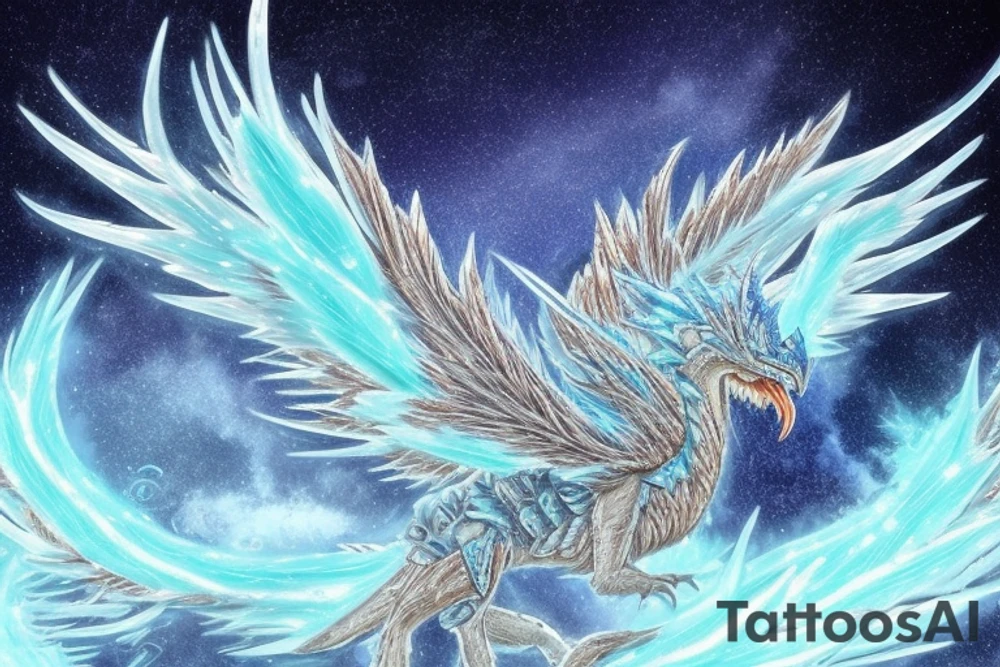 The Frostfire Drake is a majestic, mythical beast that embodies the contrasting elements of ice and fire. Its body is covered in shimmering, ice-blue scales that glisten in the light. Its wings are leathery and adorned with intricate frost patterns. Flames dance along the edges of its wings and mouth, creating an enchanting combination of cold and heat. The eyes of the Frostfire Drake radiate an otherworldly intelligence, and its tail ends in a fiery, spear-like tip. tattoo idea