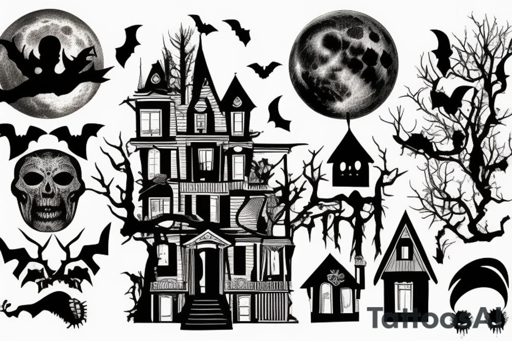 Haunted House with a Full Moon tattoo idea