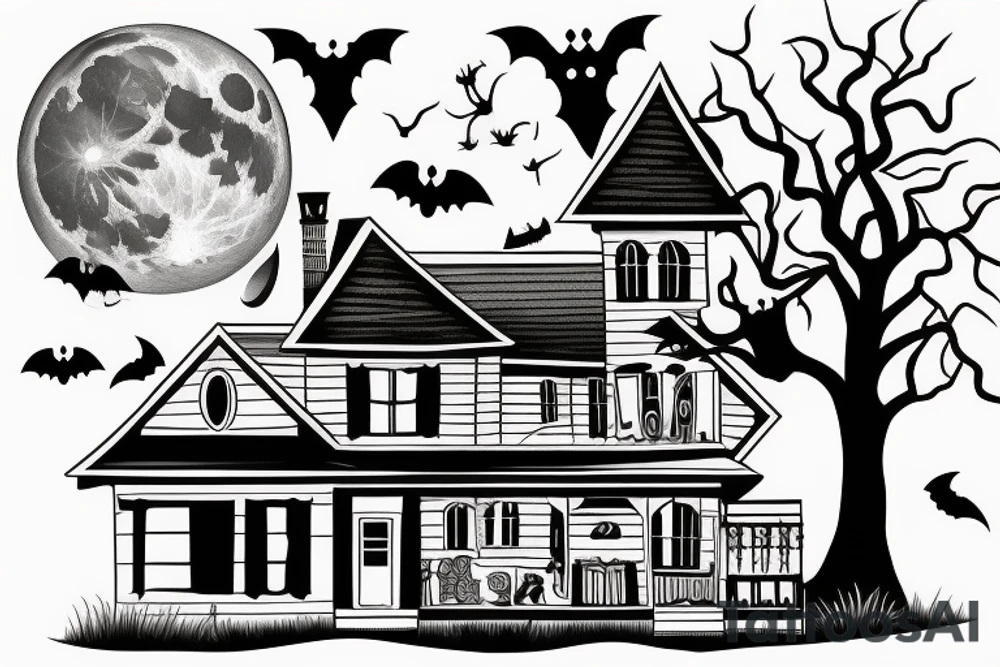 Haunted House with a Full Moon tattoo idea