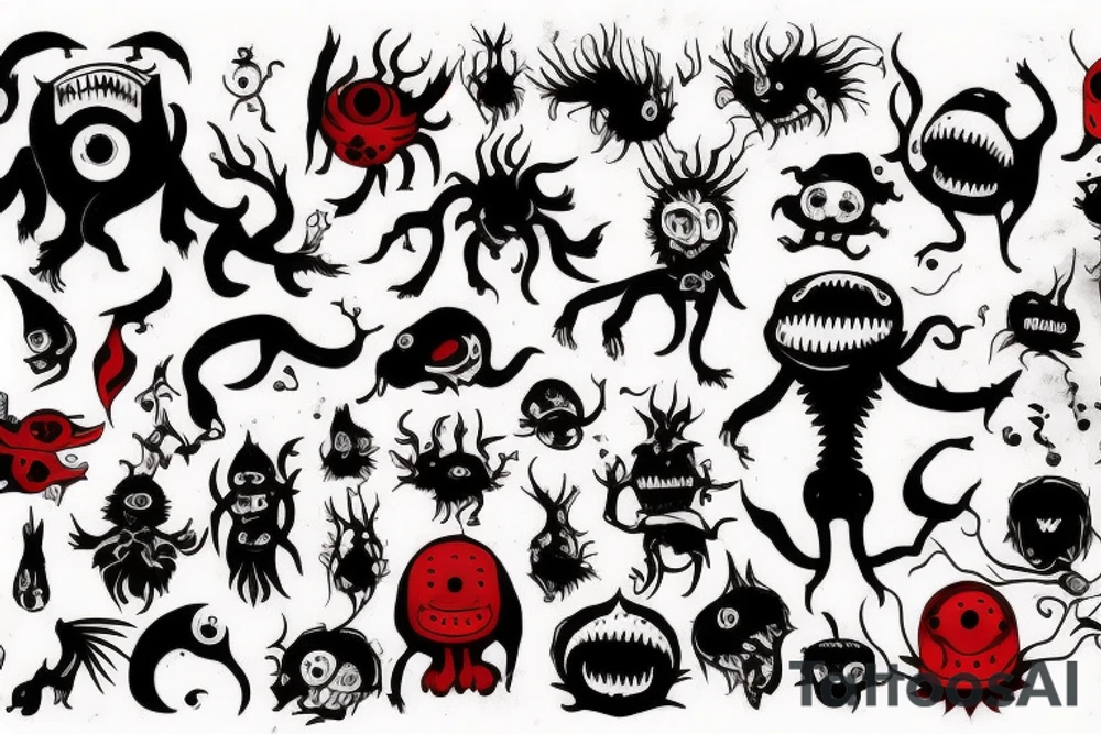 black and red monsters tattoo idea
