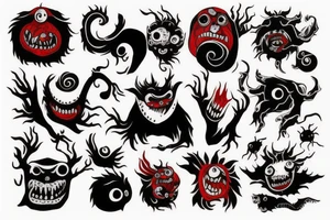 black and red monsters tattoo idea